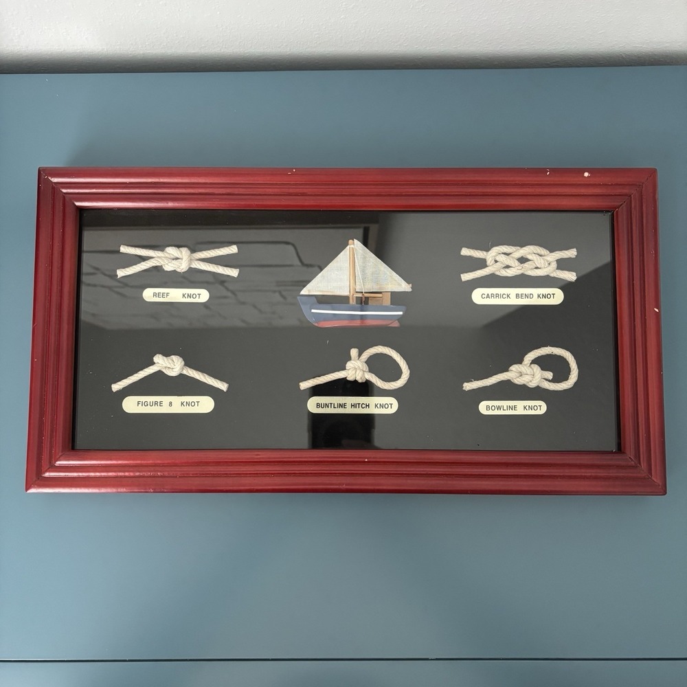 7 Small Nautical Knots plus Small Sailboat in Shadowbox 14" x 7.5" Red Frame